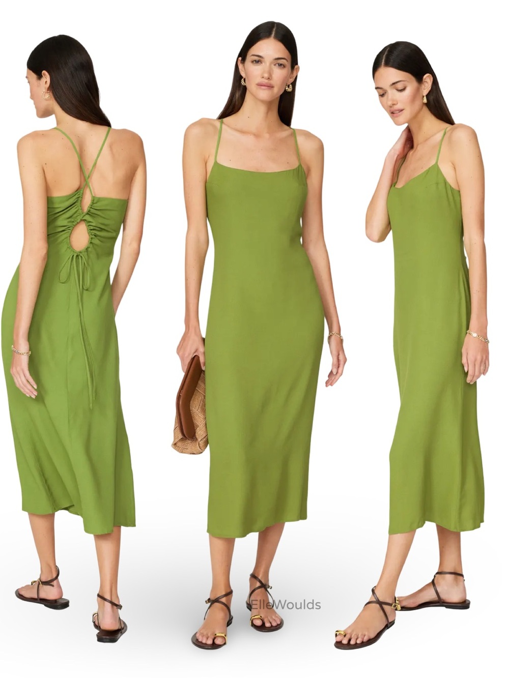 Reformation Dover Dress Olive Green Slip Midi Open Back Size 4